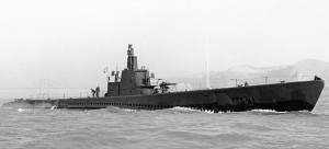 U.S.S. Sailfish off Mare Island, San Francisco, on 13 April 1943. This image shows her with her bridge modified to reduce her surface silhouette and add a forward anti-aircraft position. Official U.S. Navy photograph.